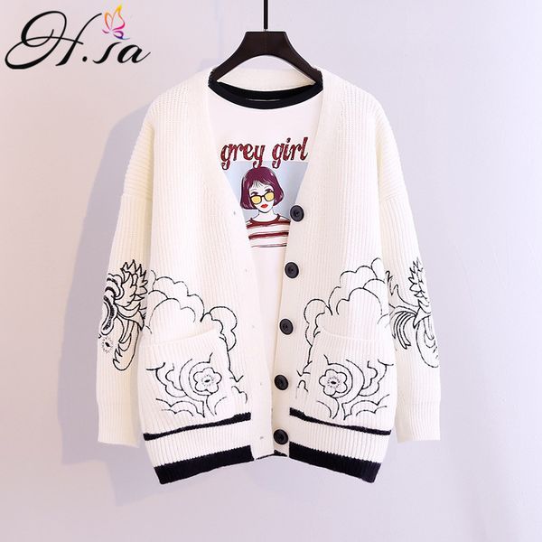 h.sa clothes for women white embroidery and cardigans v neck button up black winter knit jacket sweater coat 210417, White;black
h.sa clothes for women white embroidery and cardigans v neck button up black winter knit jacket sweater coat 210417, White;black
