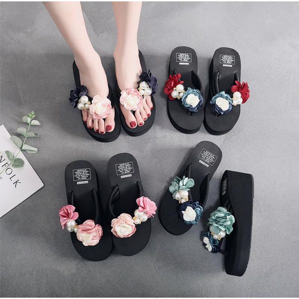 slippers women's summer outdoor fashion high heel thick soles non-slip flip-flops handmade camellia wedge beach shoes, Black 
slippers women's summer outdoor fashion high heel thick soles non-slip flip-flops handmade camellia wedge beach shoes, Black