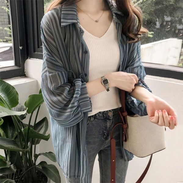 women's blouses & shirts -4xl plus size women striped transparent chiffon thin cardigans female lantern sleeve girls summer, White
women's blouses & shirts -4xl plus size women striped transparent chiffon thin cardigans female lantern sleeve girls summer, White
