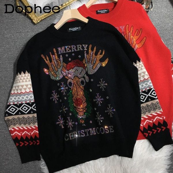 women's sweaters diamond thicken sweater winter christmas deer year red female loose crew neck print knitted jumper coat, White;black
women's sweaters diamond thicken sweater winter christmas deer year red female loose crew neck print knitted jumper coat, White;black