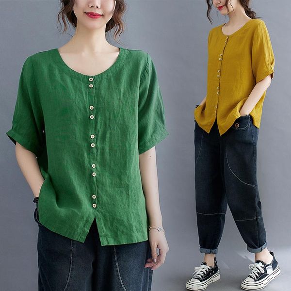women's blouses & shirts 2021 women cotton linen loose blouse o-neck button up solid color lady basic vintage summer blusa feminina, White
women's blouses & shirts 2021 women cotton linen loose blouse o-neck button up solid color lady basic vintage summer blusa feminina, White