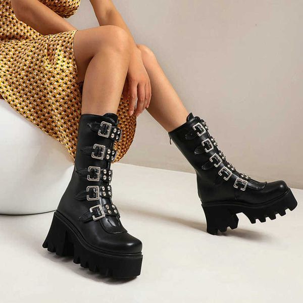 zawsthia chic goth womens platform chunky heels punk rock winter shoes buckle strap woman mid-calf boots with studded rivets 210611, Black
zawsthia chic goth womens platform chunky heels punk rock winter shoes buckle strap woman mid-calf boots with studded rivets 210611, Black