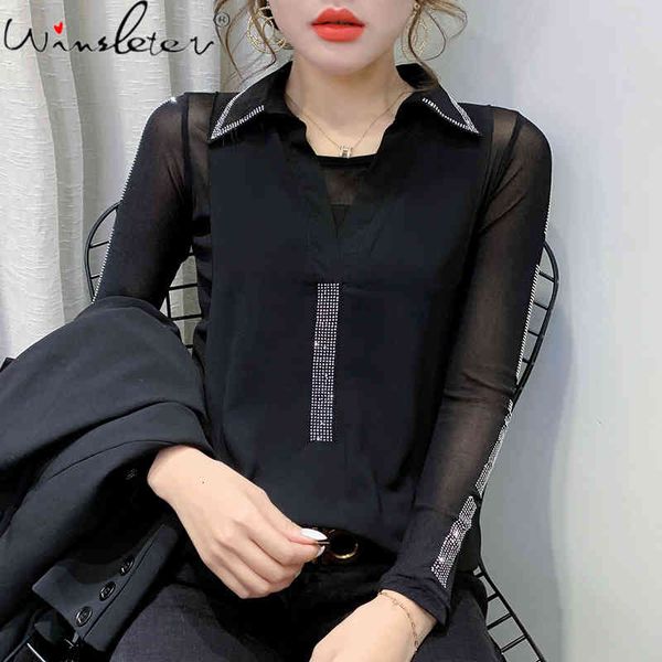 women's t-shirt fall winter korean style t-shirt fashion chiffon fake two pieces shiny diamonds women ropa mujer long sleeve, White
women's t-shirt fall winter korean style t-shirt fashion chiffon fake two pieces shiny diamonds women ropa mujer long sleeve, White