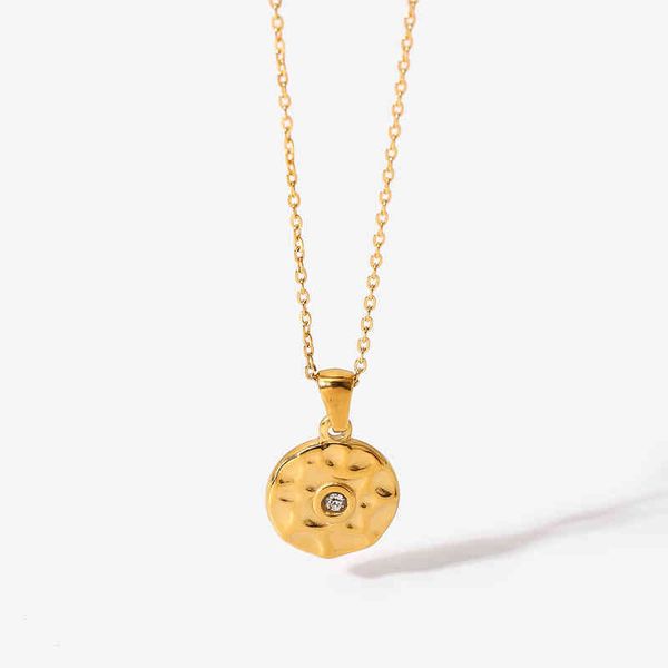 2022 fashion jewelry 18k gold plated stainls steel single zircon hammered coin pendant necklac for women accsori, Silver
2022 fashion jewelry 18k gold plated stainls steel single zircon hammered coin pendant necklac for women accsori, Silver