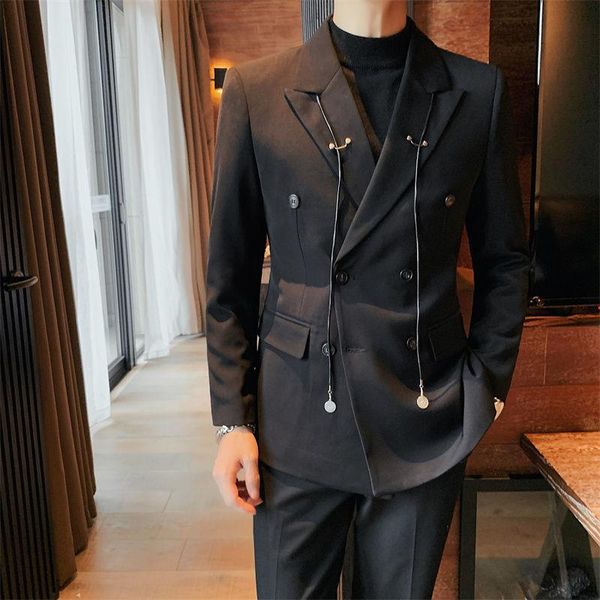 men's suits & blazers bandage decorate blazer homme fall winter mens stylish british fashion double breasted solid color casual suit co, White;black
men's suits & blazers bandage decorate blazer homme fall winter mens stylish british fashion double breasted solid color casual suit co, White;black