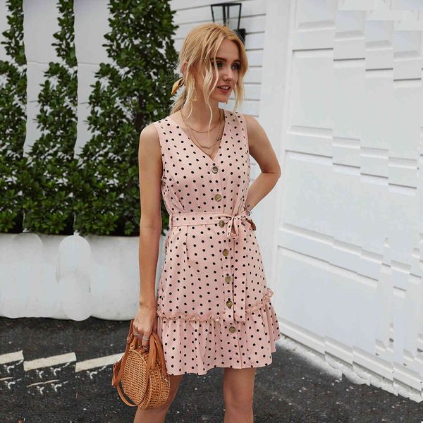 dots printed sleeveless pleated womens mini dress casual v-neck refflus pleated buttons with belt dress 210524, Black;gray 
dots printed sleeveless pleated womens mini dress casual v-neck refflus pleated buttons with belt dress 210524, Black;gray