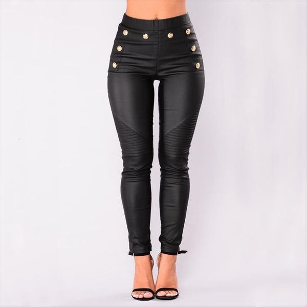 high elastic waist black pencil women capri pu leather matte stretch button trousers for streetwear, Black;white
high elastic waist black pencil women capri pu leather matte stretch button trousers for streetwear, Black;white