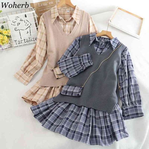 wohreb retro plaid loose shirt mini pleated dress + knitted vest + bag 3 pieces set women autumn elegant outfits korean suit 210407, White
wohreb retro plaid loose shirt mini pleated dress + knitted vest + bag 3 pieces set women autumn elegant outfits korean suit 210407, White