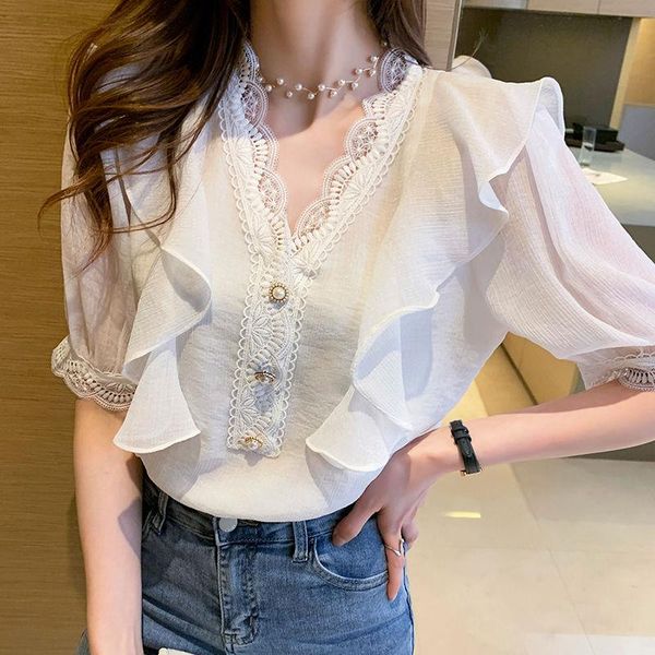 women's blouses & shirts 2021 summer women casual loose half sleeve ruffles lace chiffon fashion elegant office lady clothing, White
women's blouses & shirts 2021 summer women casual loose half sleeve ruffles lace chiffon fashion elegant office lady clothing, White