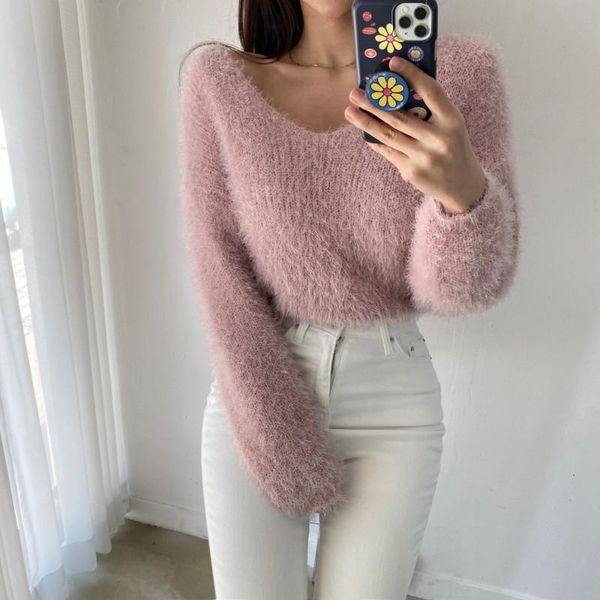 women's sweaters 2021 autumn and winter cashmere sweater v-neck loose pink pullover korean women elegant knitted 17857, White;black
women's sweaters 2021 autumn and winter cashmere sweater v-neck loose pink pullover korean women elegant knitted 17857, White;black