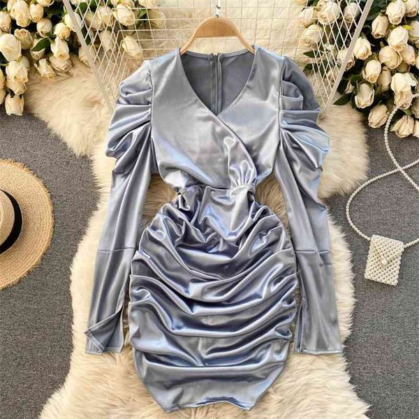 european american fashion vestidos female cross v-neck pleated slim bag hip bubble sleeve mini dress c468 210507, Black;gray
european american fashion vestidos female cross v-neck pleated slim bag hip bubble sleeve mini dress c468 210507, Black;gray