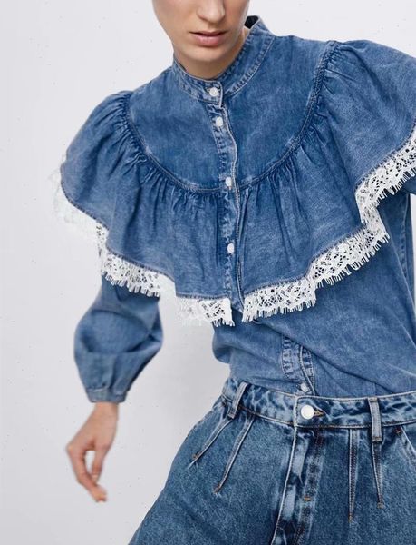 spring lace stitching pleated womens shirt ruffles denim office wear long sleeve jeans blouses chic button chemise, White
spring lace stitching pleated womens shirt ruffles denim office wear long sleeve jeans blouses chic button chemise, White