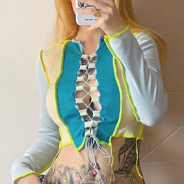women's t-shirt patchwork hollow tip up longarm clubwear t shirt women autumn fashion knitted thin tie pre-harvested, White
women's t-shirt patchwork hollow tip up longarm clubwear t shirt women autumn fashion knitted thin tie pre-harvested, White