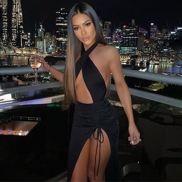 halter drawstring bodycon women dress bandage summer split hollow out backless long maxi dresses, Black;gray
halter drawstring bodycon women dress bandage summer split hollow out backless long maxi dresses, Black;gray