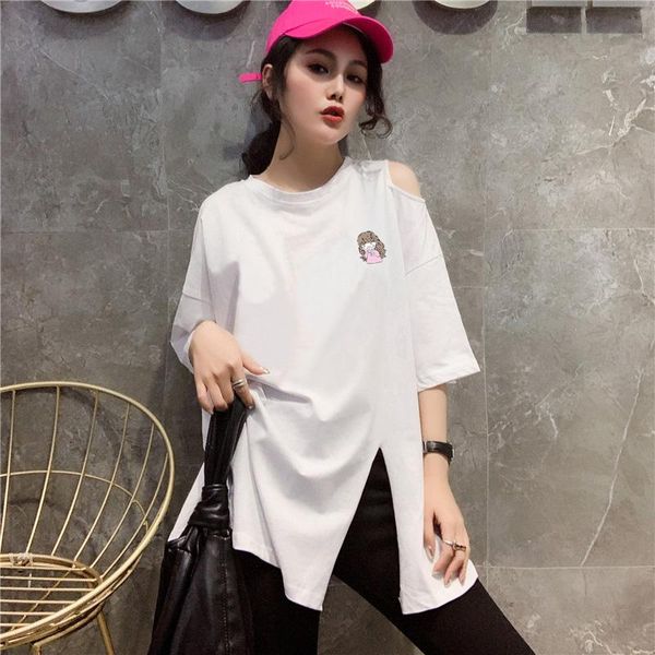women's t-shirt western-style girls wear age-reducing strapless short-sleeved summer loose and thin large side slit top, White
women's t-shirt western-style girls wear age-reducing strapless short-sleeved summer loose and thin large side slit top, White