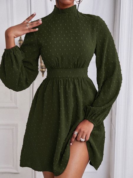 mock neck swiss dot lantern sleeve dress h3wy#, Black;gray 
mock neck swiss dot lantern sleeve dress h3wy#, Black;gray