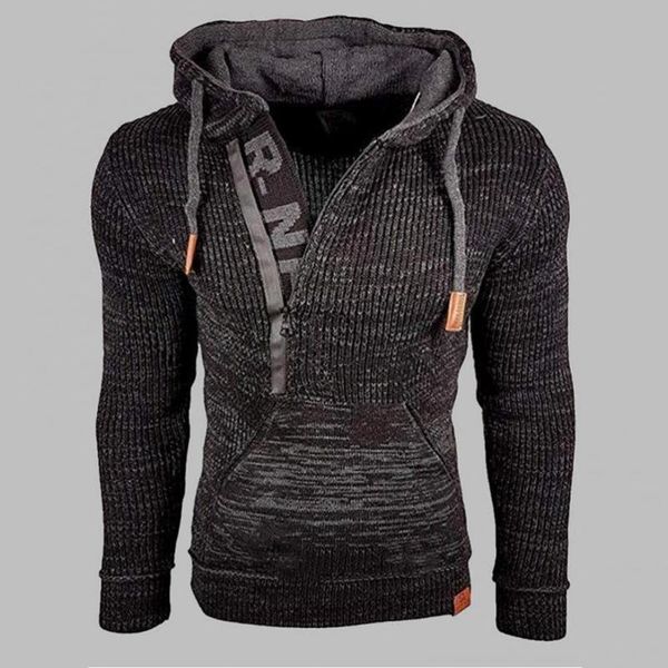 men's sweaters men sweater 2021 autumn winter patchwork warm knit drawstring long sleeve hooded coat black brown cardigan with pocket, White;black