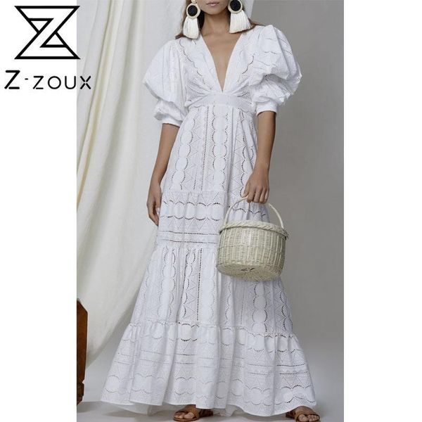 

Women Dress Elegant White Lace es Deep V Neck Puff Sleeve Vintage High Waisted Hollow Out Maxi es 210524