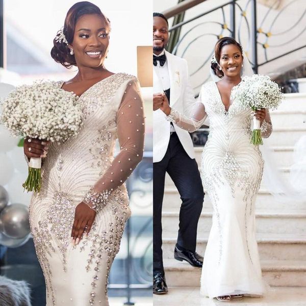 luxury beaded mermaid wedding dresses bridal gown v neck long sleeves crystals 2021 tulle floor length custom made plus size vestido de novi, White
luxury beaded mermaid wedding dresses bridal gown v neck long sleeves crystals 2021 tulle floor length custom made plus size vestido de novi, White