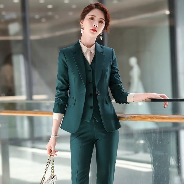 green 3 piece set women office lady formal business pant suit blazer jacket vest and for work interview women's two pants, White
green 3 piece set women office lady formal business pant suit blazer jacket vest and for work interview women's two pants, White