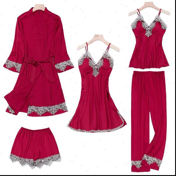 5pcs pajamas set womens sleepwears faux silk robe pijamas lace kimono bathrobe gown spring summer nightwear lingerie, Black;red
5pcs pajamas set womens sleepwears faux silk robe pijamas lace kimono bathrobe gown spring summer nightwear lingerie, Black;red