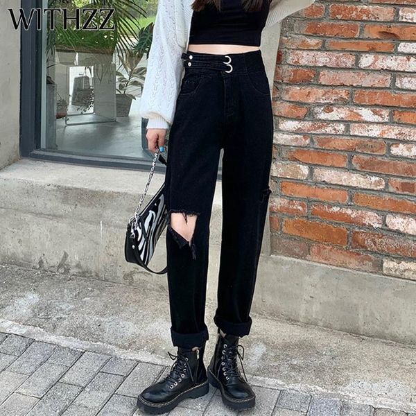 women's loose black high waist straight hole denim pants asian size jeans, Blue
women's loose black high waist straight hole denim pants asian size jeans, Blue