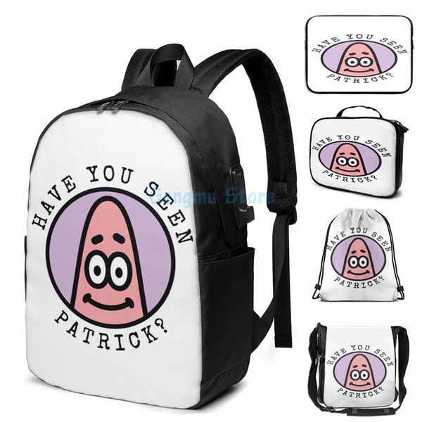 funny graphic print have you seen patrick usb charge backpack men school bags women bag travel laptop
funny graphic print have you seen patrick usb charge backpack men school bags women bag travel laptop