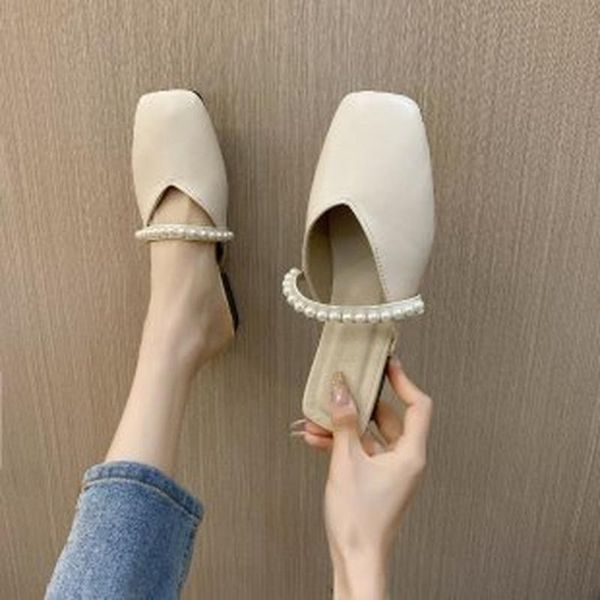 slippers baotou women 2021 summer outer wear sandals pearl half flat bottom square head women's low heel mules, Black
slippers baotou women 2021 summer outer wear sandals pearl half flat bottom square head women's low heel mules, Black