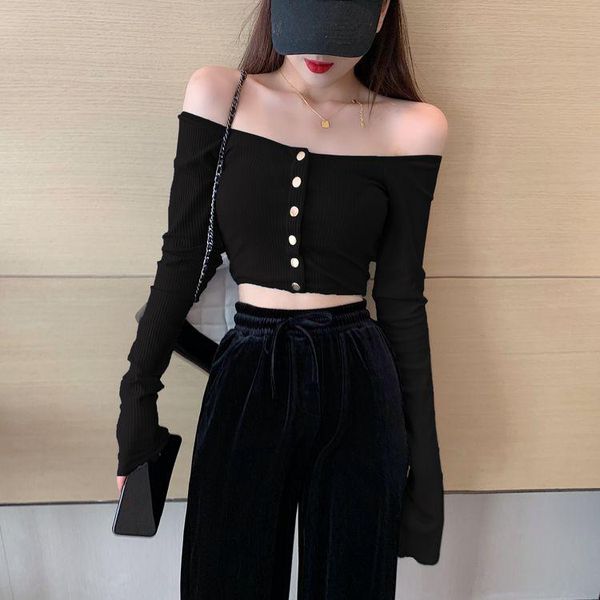 women off shoulder slash neck crop lady summer fall casual long sleeve button t-shirt tees solid knit women's, White
women off shoulder slash neck crop lady summer fall casual long sleeve button t-shirt tees solid knit women's, White
