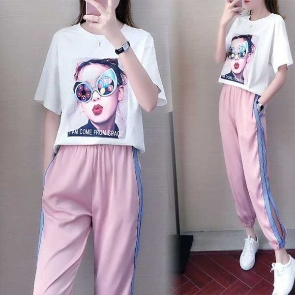 summer casual two piece set girl print o-neck t-shirt + side hollow out striped patchwork pink pants sets 210531, White
summer casual two piece set girl print o-neck t-shirt + side hollow out striped patchwork pink pants sets 210531, White