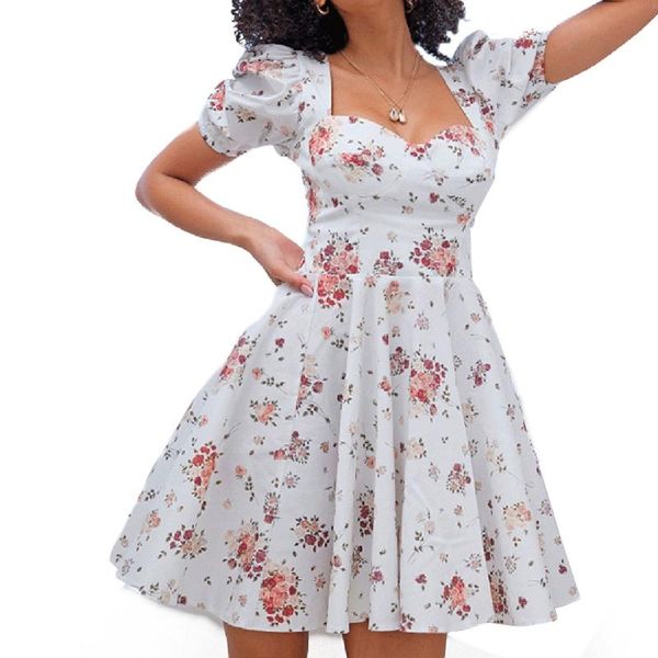 party dresses women puff short sleeve boho floral square neck pleated swing midi dress, White;black
party dresses women puff short sleeve boho floral square neck pleated swing midi dress, White;black