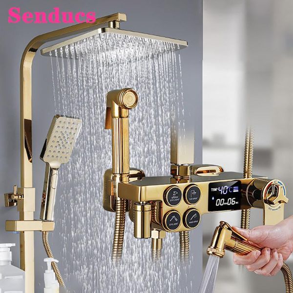 digital shower set of quality brass bathtub mixer tap 12inch rainfall head gold bathroom faucet thermostatic sets
digital shower set of quality brass bathtub mixer tap 12inch rainfall head gold bathroom faucet thermostatic sets