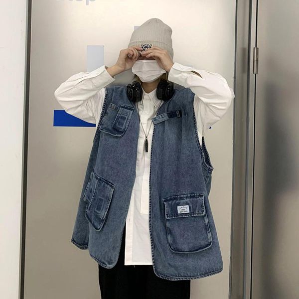 men's vests autumn cotton black/blue denim vest fashion retro pocket tooling men streetwear loose hip-hop jacket mens, Black;white
men's vests autumn cotton black/blue denim vest fashion retro pocket tooling men streetwear loose hip-hop jacket mens, Black;white