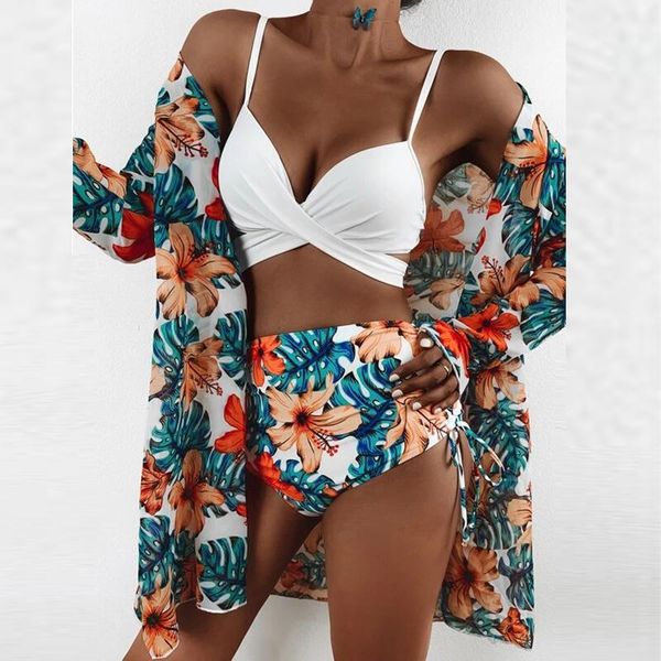 women's swimwear fashion three piece floral print bikini swimsuit summer high-waist set women brazilian push-up bathing suit, White;black
women's swimwear fashion three piece floral print bikini swimsuit summer high-waist set women brazilian push-up bathing suit, White;black