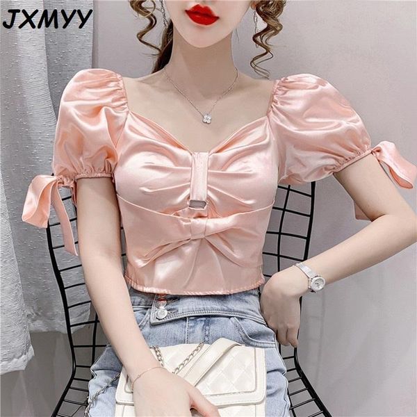 women's t-shirt fashion square neck puff sleeve silky satin shirt retro design short jxmyy, White
women's t-shirt fashion square neck puff sleeve silky satin shirt retro design short jxmyy, White