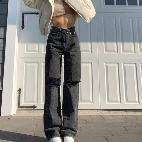 women vintage ripped jeans, adults solid color high waisted straight-leg pants with pocket belt loop women's jeans, Blue
women vintage ripped jeans, adults solid color high waisted straight-leg pants with pocket belt loop women's jeans, Blue