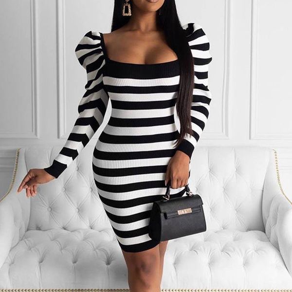 casual dresses women striped puff sleeve bodycon square neck knitted mini dress elegant ladies workwear, Black;gray
casual dresses women striped puff sleeve bodycon square neck knitted mini dress elegant ladies workwear, Black;gray