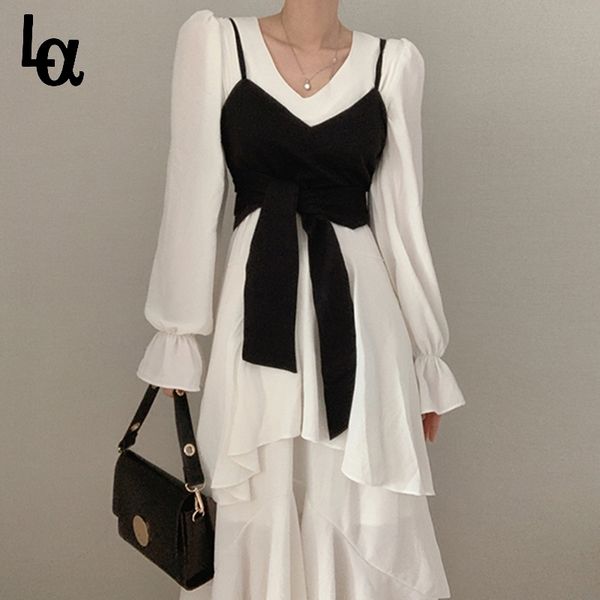 summer spring korea chic high waist wrapped chest harness vest long sleeve dress female midi 210519, Black;gray 
summer spring korea chic high waist wrapped chest harness vest long sleeve dress female midi 210519, Black;gray