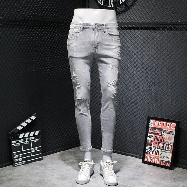 men's jeans brim pants are fashionable torn hole thin elastic fit ankle length vintage gray denim high street pencil kzw1, Blue
men's jeans brim pants are fashionable torn hole thin elastic fit ankle length vintage gray denim high street pencil kzw1, Blue