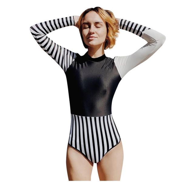 women's swimwear long sleeve sunscreen stitched striped diving suit surfing swimsuit traje de baño playa bikini sexy, White;black
women's swimwear long sleeve sunscreen stitched striped diving suit surfing swimsuit traje de baño playa bikini sexy, White;black