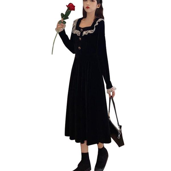 casual dresses women's spring autumn style velvet dress square neck long sleeve lace patchwork elegant 3353, Black;gray
casual dresses women's spring autumn style velvet dress square neck long sleeve lace patchwork elegant 3353, Black;gray