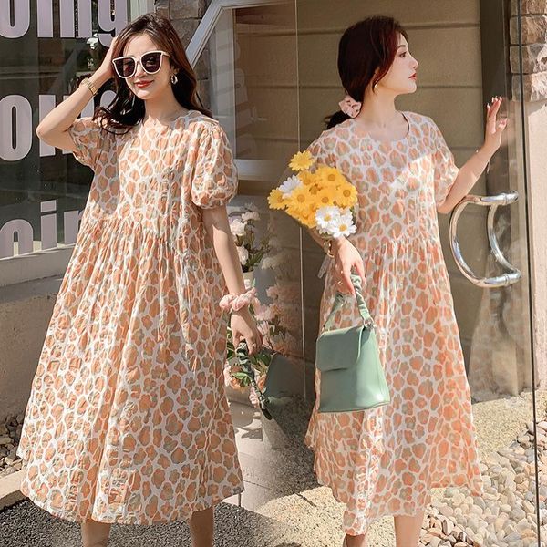 summer women's plus size maternity dress round neck short sleeve printing dresses pregnant, White