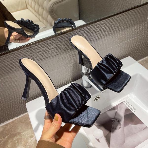 sandals women slippers heels 6cm mules slides fashion outdoor concise female shoes spike pleated pu leather, Black
sandals women slippers heels 6cm mules slides fashion outdoor concise female shoes spike pleated pu leather, Black