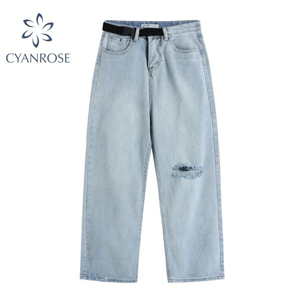 women's ripped jeans trouses and denim pants high waist with belt design pocket blue wash fashion street wide leg hole pant tide 210417
women's ripped jeans trouses and denim pants high waist with belt design pocket blue wash fashion street wide leg hole pant tide 210417