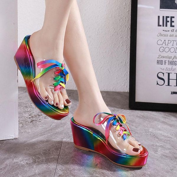 lace-up colored sponge cake slippers, summer transparent thick-soled slope with high-heeled sandals slippers, Black
lace-up colored sponge cake slippers, summer transparent thick-soled slope with high-heeled sandals slippers, Black