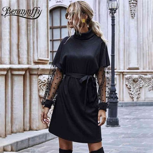 autumn winter dot mesh sleeve knit mini dresses women black elegant high neck long office dress with belt 210510, Black;gray
autumn winter dot mesh sleeve knit mini dresses women black elegant high neck long office dress with belt 210510, Black;gray