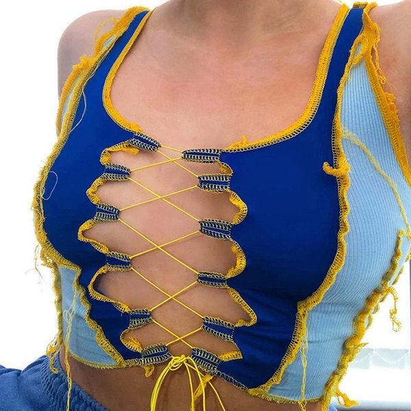 lace up ribbed patchwork tank women sleeveless hollow out club crop fashion color match summer tanks, White
lace up ribbed patchwork tank women sleeveless hollow out club crop fashion color match summer tanks, White