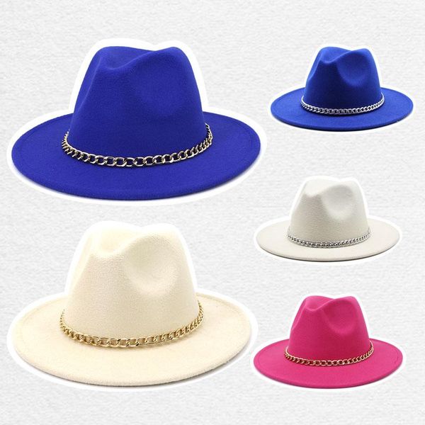 wide brim hats fedoras women's hat man felt white silver chain fashion jazz cap autumn winter panama 2021, Blue;gray
wide brim hats fedoras women's hat man felt white silver chain fashion jazz cap autumn winter panama 2021, Blue;gray