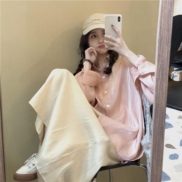 women's blouses & shirts 2021 women spring elegant loose shiny pink shirt single breasted long sunproof blouse outwear, White
women's blouses & shirts 2021 women spring elegant loose shiny pink shirt single breasted long sunproof blouse outwear, White
