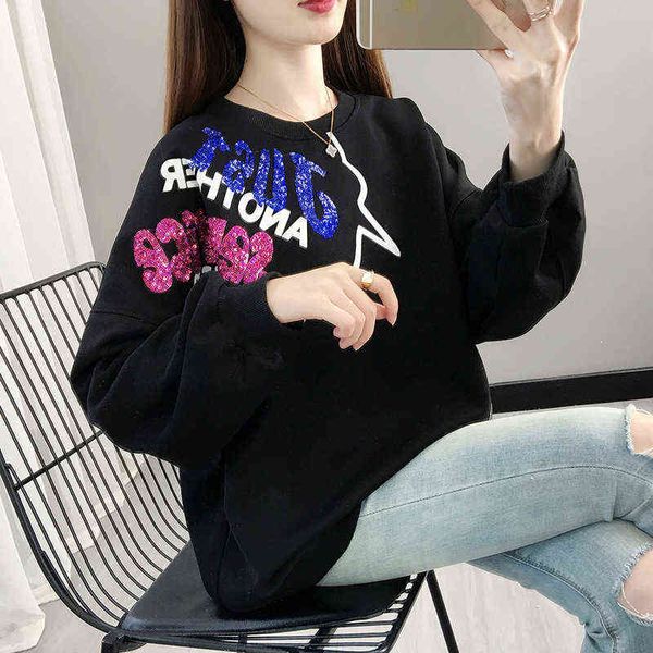 women's hoodi sweatshirts autumn and winter 2022 korean heavy industry sequin letter printing cartoon loose large size thin round neck, Black
women's hoodi sweatshirts autumn and winter 2022 korean heavy industry sequin letter printing cartoon loose large size thin round neck, Black
